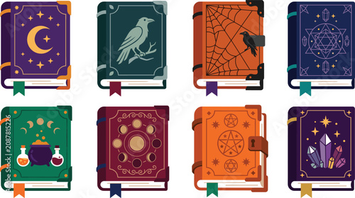 Magical Spell Book Collection Vector Set Featuring Witchcraft Grimoires, Moon Symbols, Raven, Crystals, Potions, Pentagrams and Fantasy Magic Covers