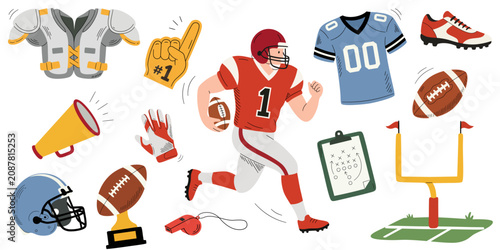 Photography American football elements in cartoon doodle style