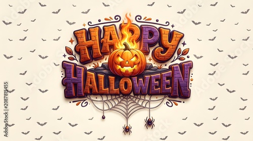 Happy halloween typography design with a flaming jackolantern, spider web, and spiders, isolated on white background