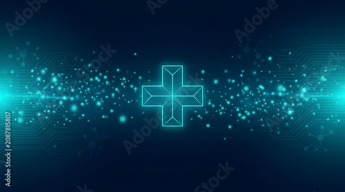 Digital health network visualization with glowing abstract geometric shapes
