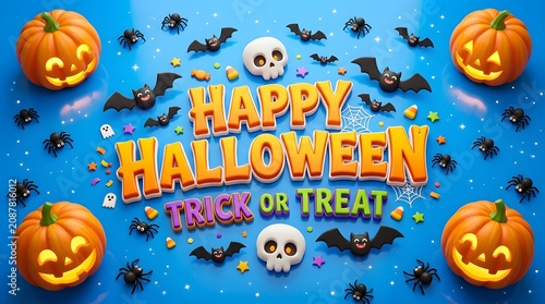 Happy halloween trick or treat 3d illustration with pumpkins, bats, skulls, and spiders on a blue background
