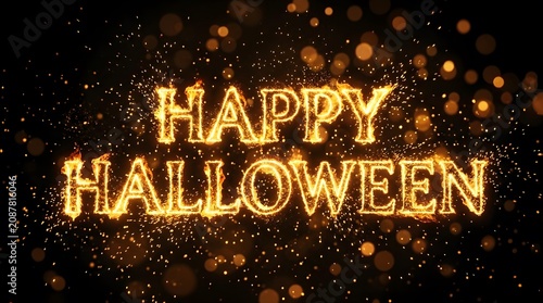 Happy halloween text written in glowing fire sparks on a dark background with bokeh lights