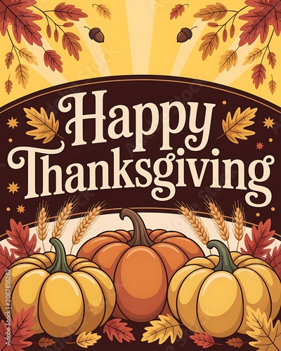 Happy Thanksgiving greeting card with pumpkins and autumn leaves illustration