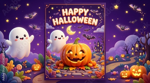 Cute happy halloween greeting card with ghost and pumpkin