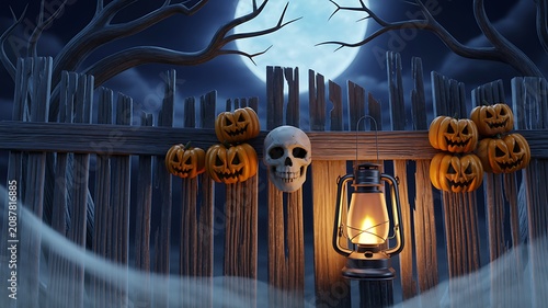 Spooky Halloween scene with jack o lanterns on wooden fence at night