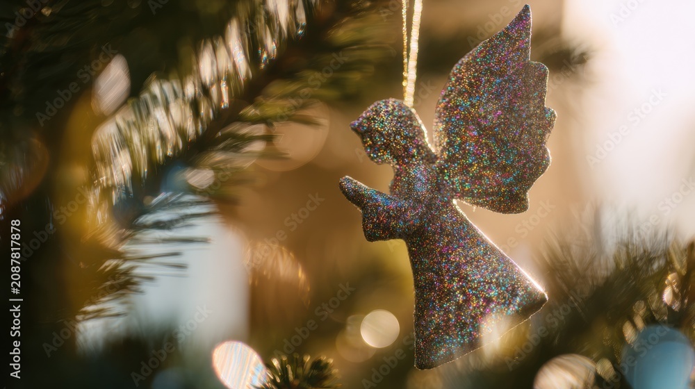 Obraz premium Sparkling angel ornament hanging on a Christmas tree with sunlight shining through branches