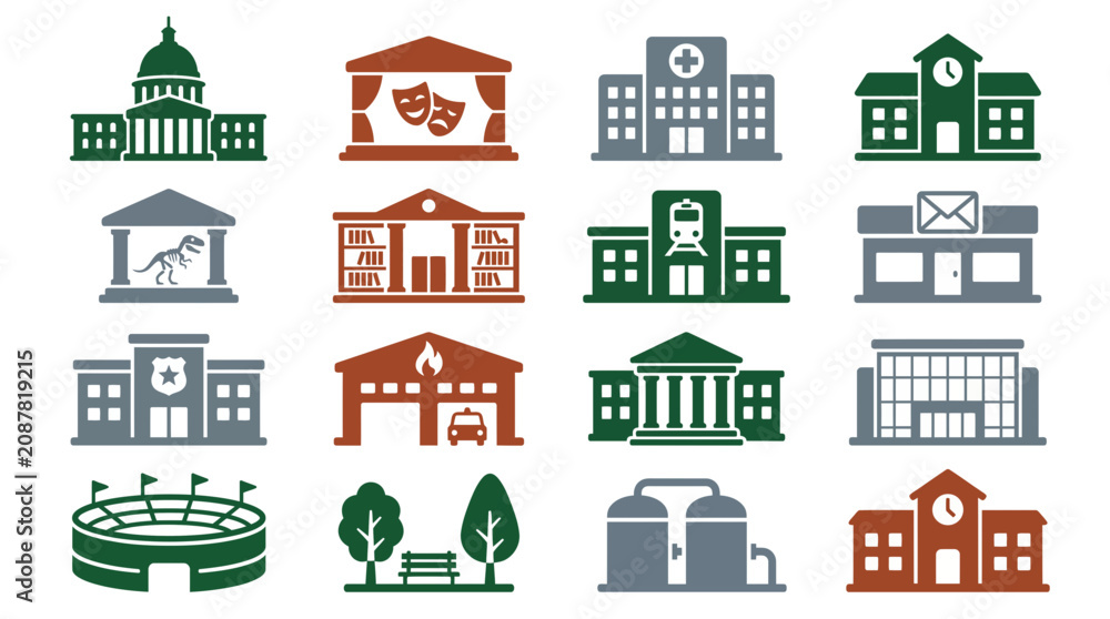 Obraz premium Vector set of colorful flat icons representing various city public buildings and urban infrastructure landmarks on white background, illustrating urban planning maps and provides navigation