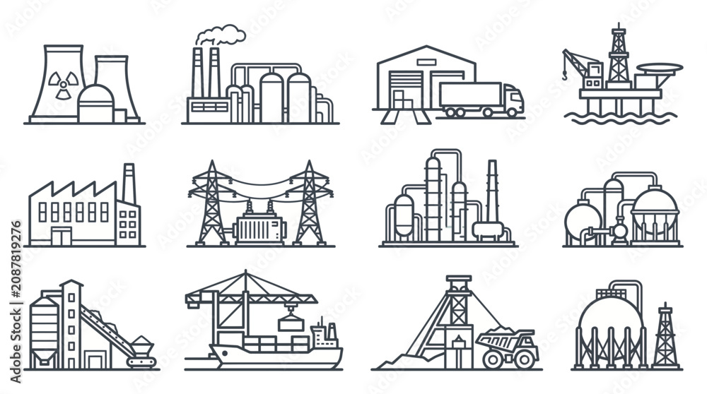 Obraz premium Set of industrial building line icons including power plants, factories, oil rigs, warehouses and logistic port facilities, symbolizes heavy industry assets and illustrating infrastructure