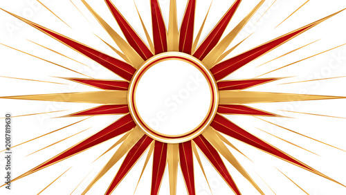 Red and Gold Starburst Frame Background with Blank Circular Copy Space. Minimalist White Background with Sharp Gold and Red Metallic Starburst Crest.