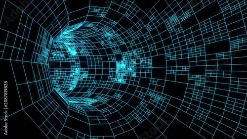 Looping animation of endless neon blue wireframe tunnel, abstract futuristic cyberspace data flow seamless background. 3d rendering not AI