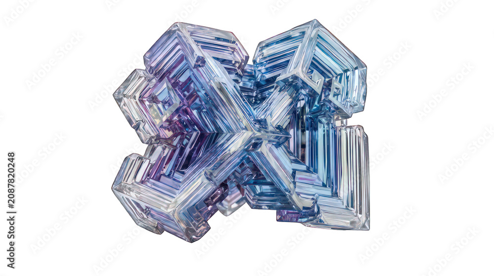 Fototapeta premium Macro shot of a bismuth crystal structure with iridescent blue and purple geometric metallic facets