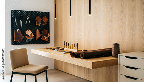 Modern minimalist leather crafting studio interior with a floating wooden desk, pegboard tool organizer, and Scandinavian design elements.