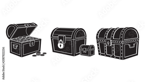 Three vintage treasure chests with locks and hinges illustration.