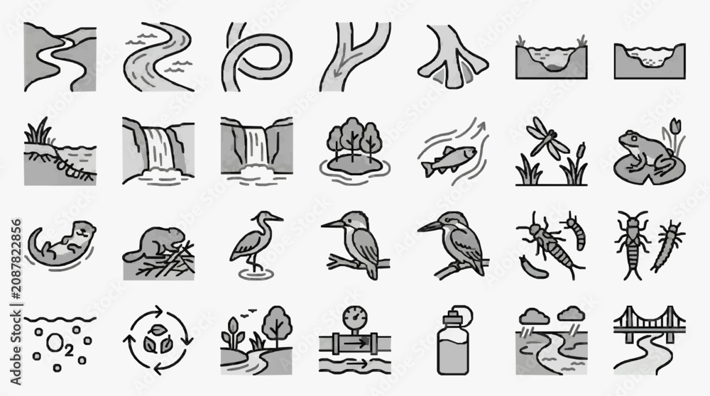 Fototapeta premium Creative Black and White Line Set of Nature Wildlife and Environmental Elements for Educational or Eco Awareness Projects