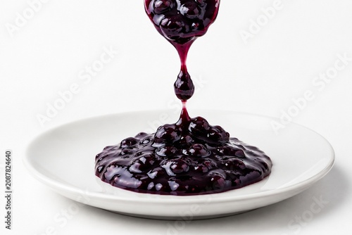 Thick droplets of deep purple fruit jam falling onto a white ceramic plate.