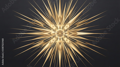 Golden Starburst Geometric Mandala on Dark Background. Luxury Gold Sunburst Pattern, Elegant Christmas Snowflake Shape.