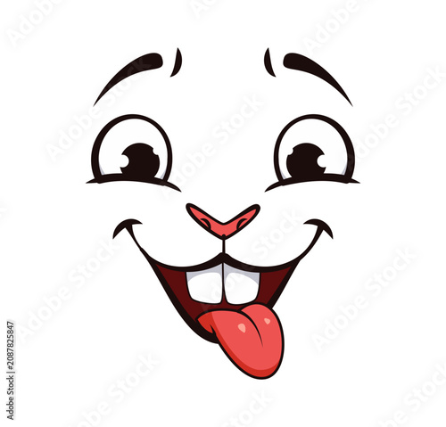 Fotografie Funny bunny animal face emoji with happy emotion expression and tongue out smile