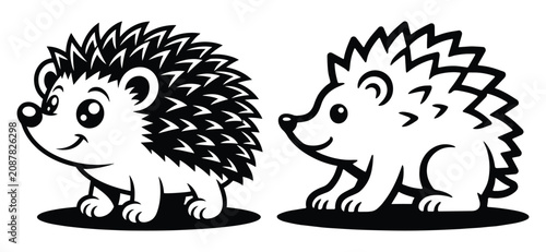 Картината върху платно Cute Hedgehog Vector Illustration, Hedgehog Cartoon Bundle Hand Drawn Black Whit
