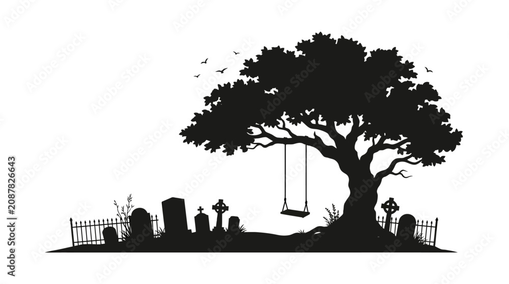 Obraz premium Helloween Halloween graveyard, spooky tree silhouette, creepy cemetery scene, black vector icons vector