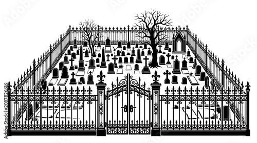 Foto Helloween Black and white cemetery gate, spooky graveyard entrance, vector illus