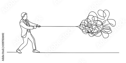 Foto Businessman pulling a tangled messy line representing stress and complex problem