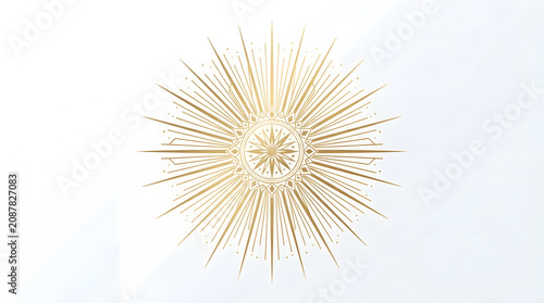 Golden Sunburst Geometric Mandala Element on Bright White Background. Elegant Gold Starburst Icon, Minimalist Metallic Sunburst Crest. 