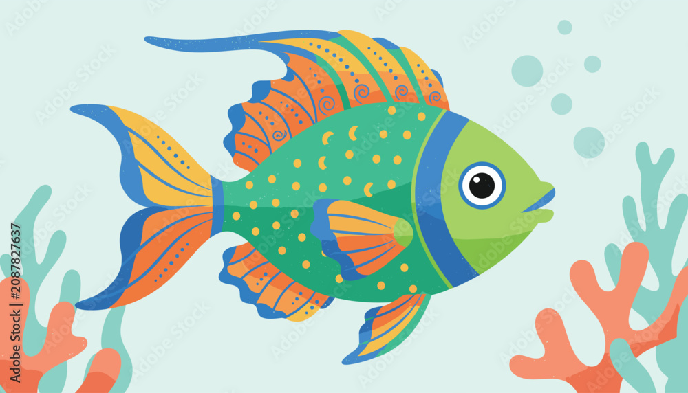 Fototapeta premium Vibrant tropical fish with colorful green, orange, and blue patterns swimming among coral reefs in a clear ocean environment.