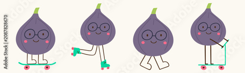 Cute fig character funny autumn harvest fruit mascot streetwear emoticons set flat vector illustration