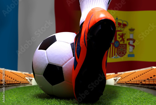 Close up legs and feet of soccer player or football player walk on green grass ready to play match on national France and national Span.