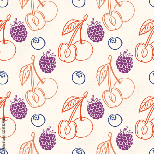 Berry seamless pattern. Fall isolated berries on white background. Square repeat pattern flat design for summer or fall season. Line hand drawn doodle illustration for wrapping paper or fabric .