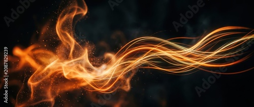 Dynamic fiery orange light trails and flowing smoke create abstract energy with sparks