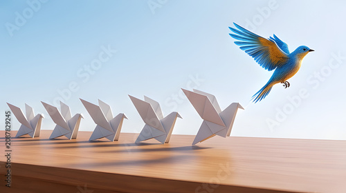 A real colorful bird flying away from a line of folded paper origami birds representing leadership and innovation
