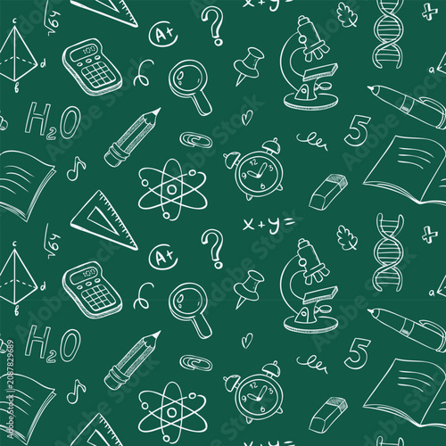 School seamless pattern with hand drawn doodle illustrations. Green background with sketch style education symbols. Vector.
