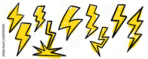 Hand Drawn Yellow Lightning Bolt Vector Set Crayon Flash Doodle Shapes