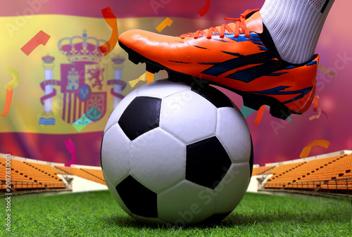 Close up legs and feet of soccer player or football player walk on green grass ready to play match on national Morocco and national Span.