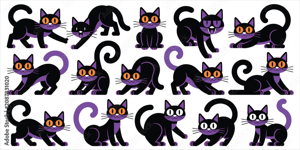 Fototapeta premium Collection of cute black cat in various poses, featuring purple accents and orange eyes on white background