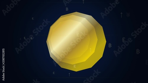 Animated golden polygon with rising currency symbols on dark background illustrating financial growth and digital investment concepts.