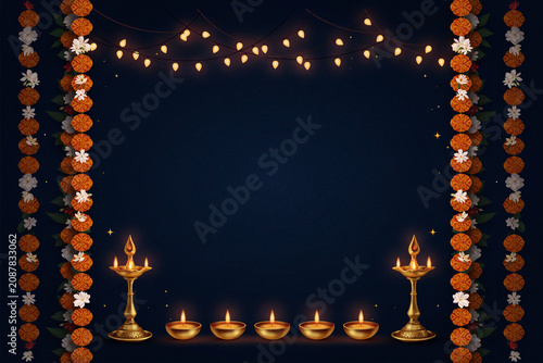 Diwali festival background with burning diya oil lamps, orange marigold flower garlands and fairy lights on dark blue, festive hindu celebration frame