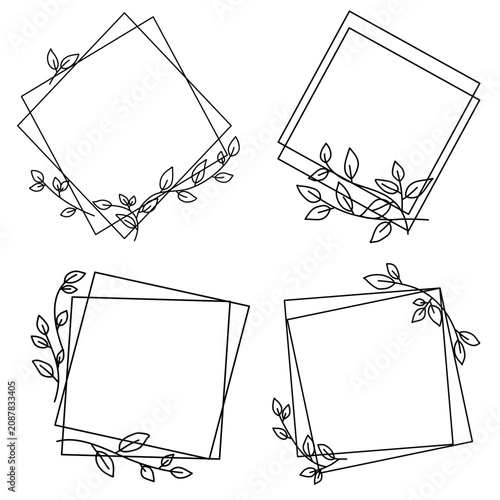 set of square frame with line art leaves decoration 