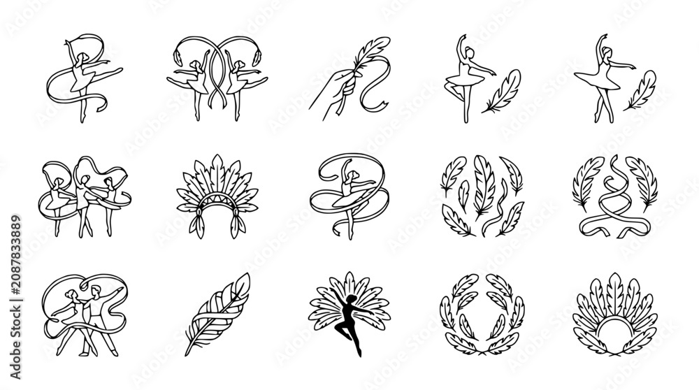 Fototapeta premium Elegant Line Art Icons: Dancers, Feathers, Ribbons, and Abstract Flourishes