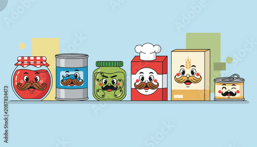 Row of anthropomorphic food containers including jars and cans with friendly faces and mustaches on a blue background.