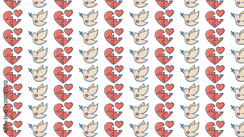 Quadro su tela Heart puzzle and fox head alternating pattern in colorful grid design symbolizin