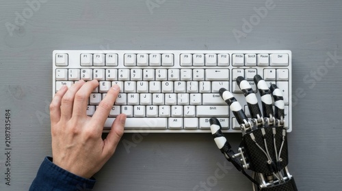 Person hand typing white keyboard Human and robotic on a representing