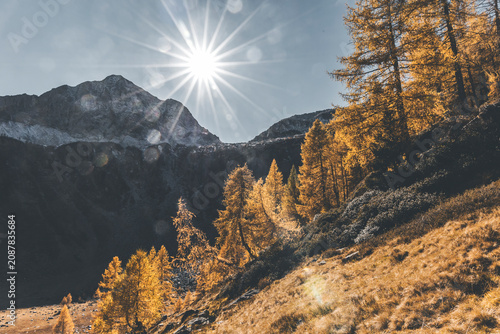 sunny afternoon in the mountains with sunbeams and yellow larches