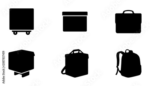 Foto Set of 6 Black Luggage Icons, Travel Bags, Backpack, Suitcase, Storage Box Vecto