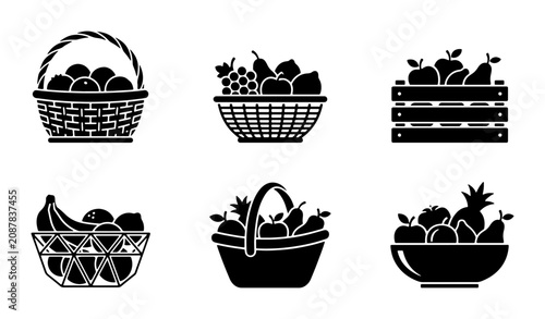 Fotografie Fruit Basket Icons Set, Fresh Produce Vector Graphics, Healthy Food Collection