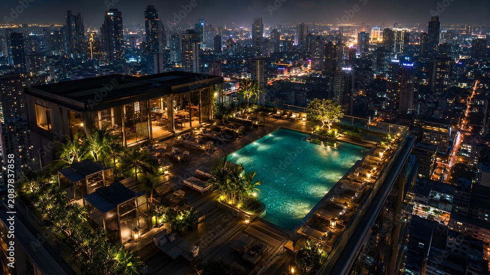 Fototapeta premium Night City Rooftop Infinity Pool Terrace With Luxury Lounge And Illuminated Urban Skyline