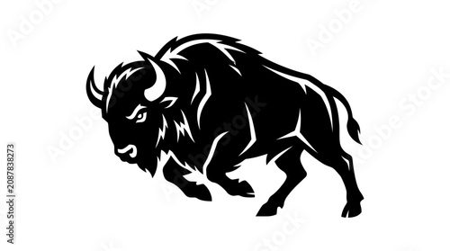 Foto Black silhouette of powerful charging bison mascot
