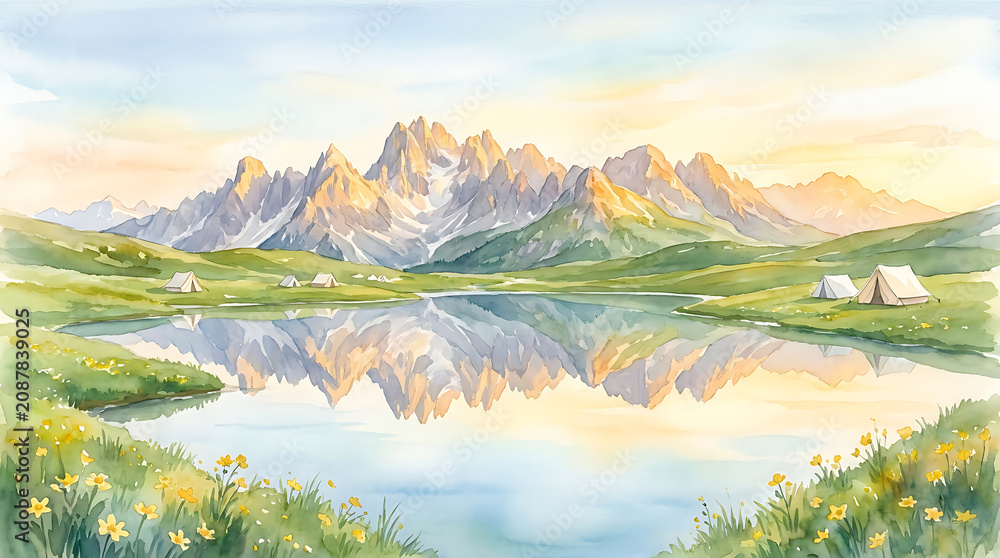 Obraz premium Watercolor painting of serene mountain lake with reflection and wildflowers