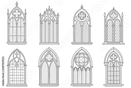Cathedral arch with stained glass pattern. Medieval church architecture silhouettes. Vintage gothic building frames. Vector illustration for classic interior design